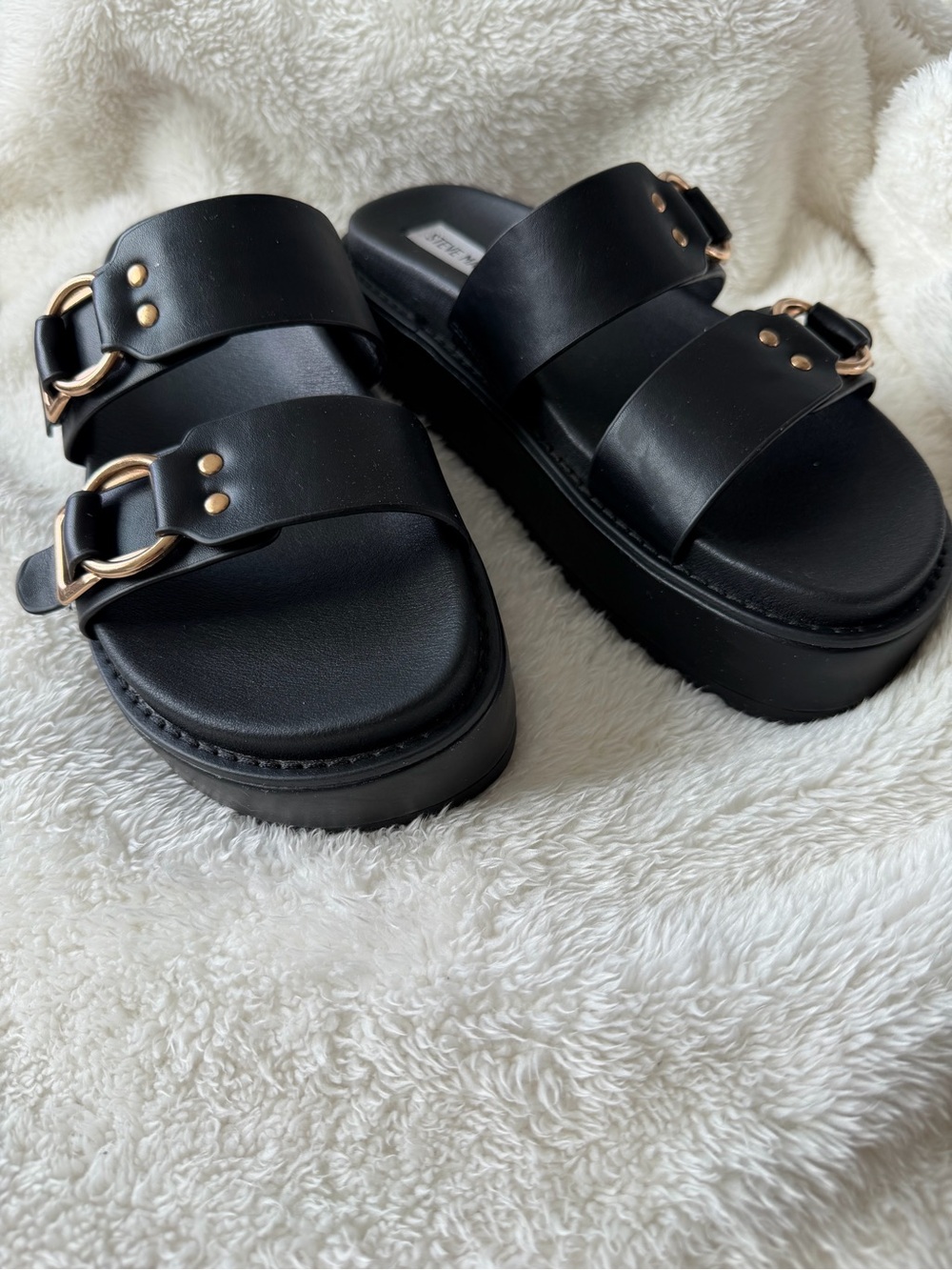 Steve Madden Black Platform Slide Sandals - Picture 2 of 6
